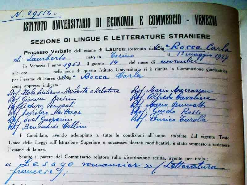 Verbale esame di laurea (Venezia-1953)
