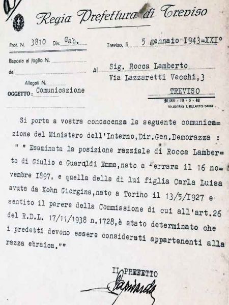Decreto di appartenenza alla razza ebraica (Treviso-1943)
