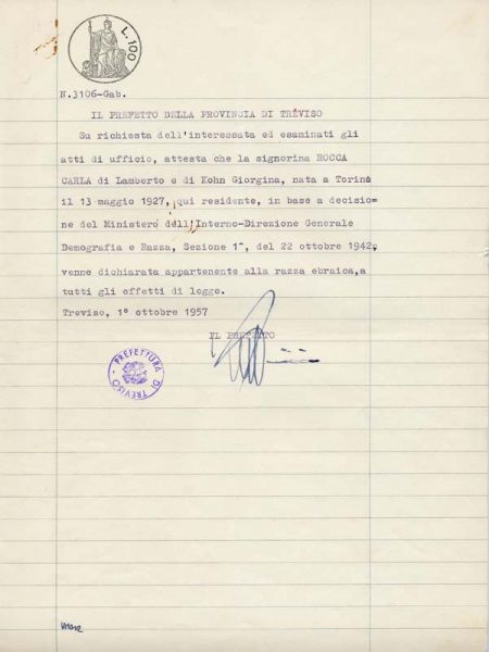 Attestazione di essere stata dichiarata appartenente alla razza ebraica (Treviso,-1947)
